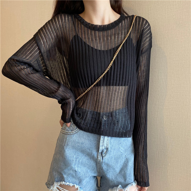 Title 2, Korean Style Loose Thin Long Sleeved Hollow Kni...