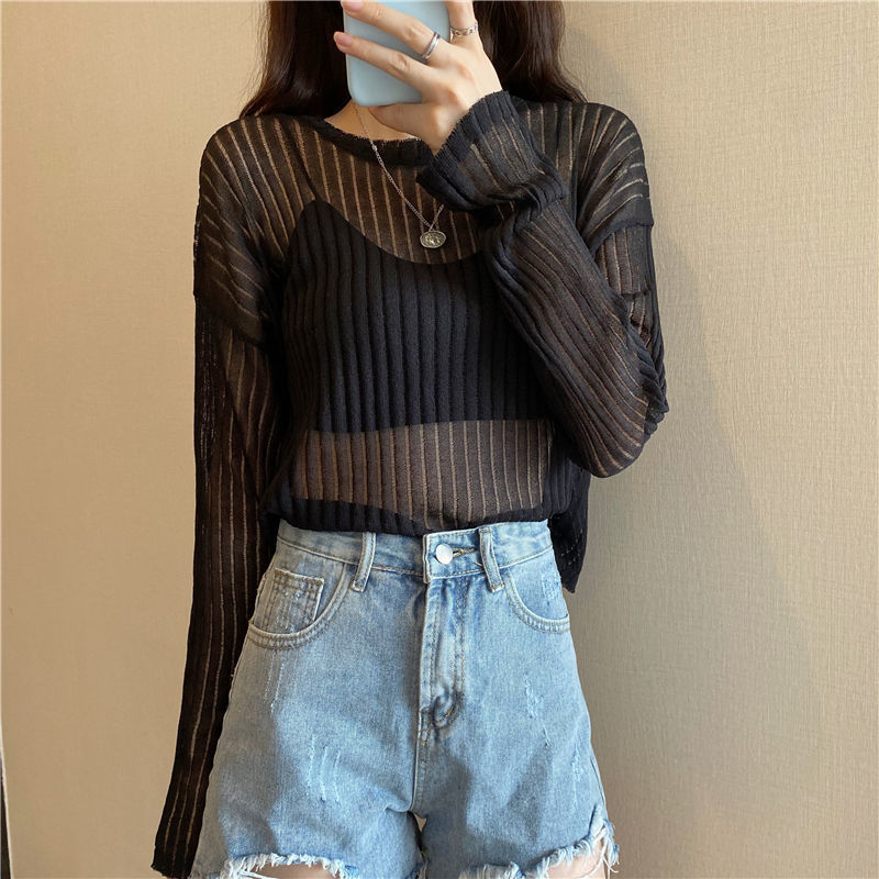 Title 3, Korean Style Loose Thin Long Sleeved Hollow Kni...