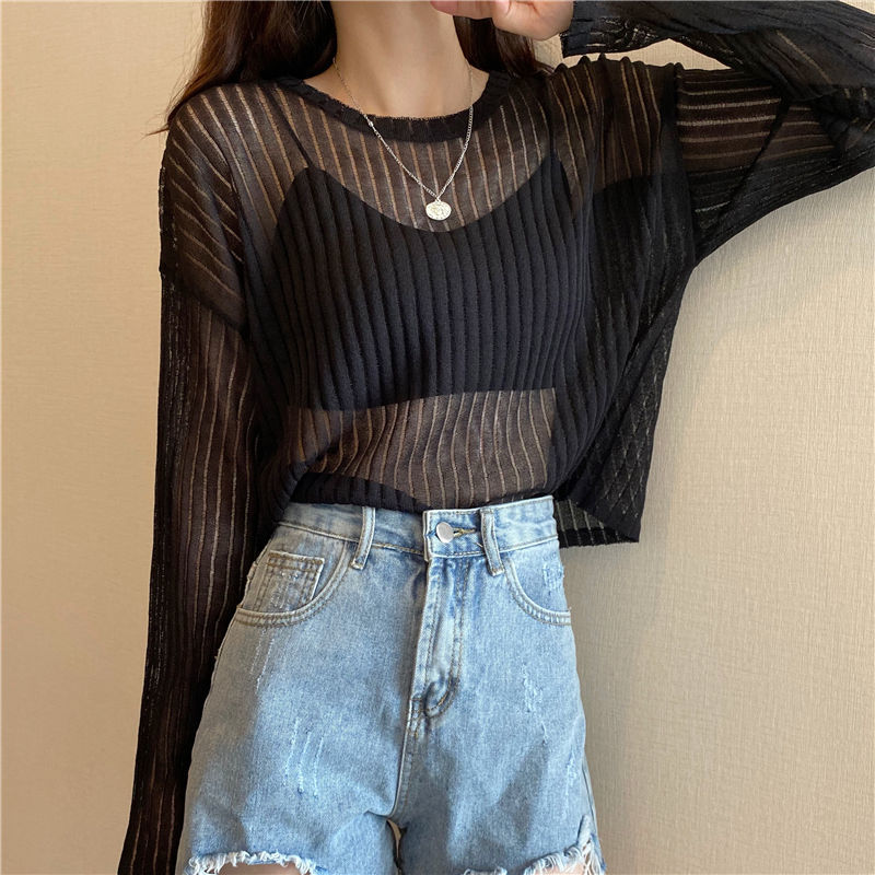 Title 5, Korean Style Loose Thin Long Sleeved Hollow Kni...