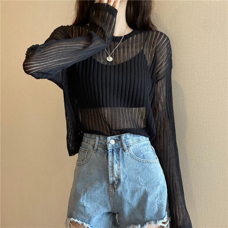 Title 6, Korean Style Loose Thin Long Sleeved Hollow Kni...