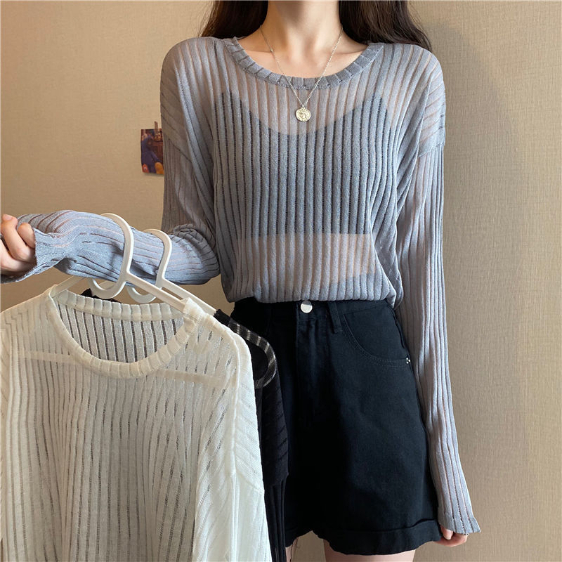 Title 7, Korean Style Loose Thin Long Sleeved Hollow Kni...