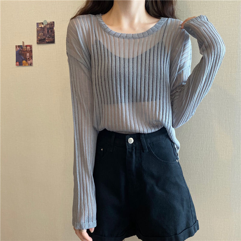 Title 8, Korean Style Loose Thin Long Sleeved Hollow Kni...