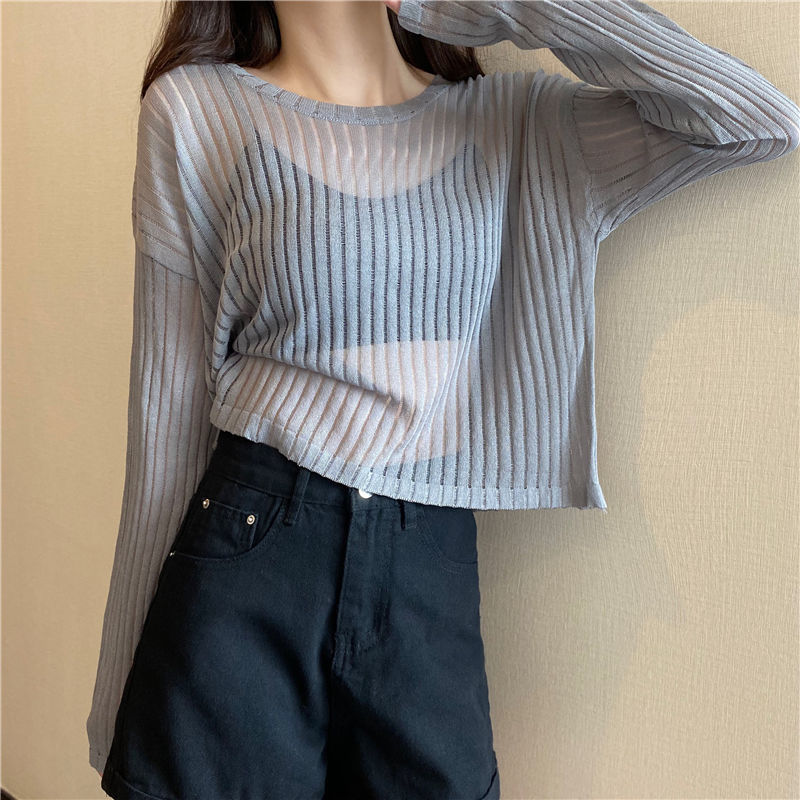 Title 9, Korean Style Loose Thin Long Sleeved Hollow Kni...