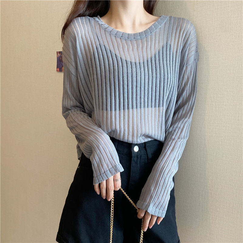 Title 10, Korean Style Loose Thin Long Sleeved Hollow Kni...