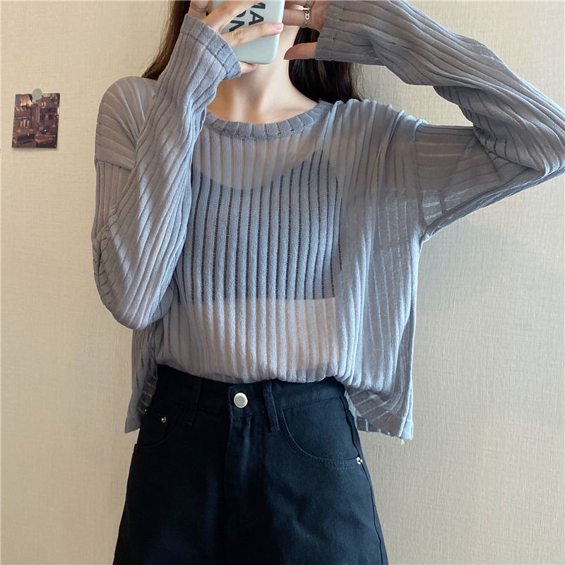 Title 11, Korean Style Loose Thin Long Sleeved Hollow Kni...