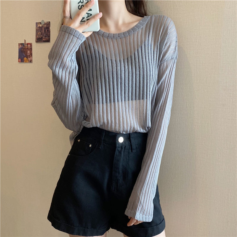 Title 12, Korean Style Loose Thin Long Sleeved Hollow Kni...