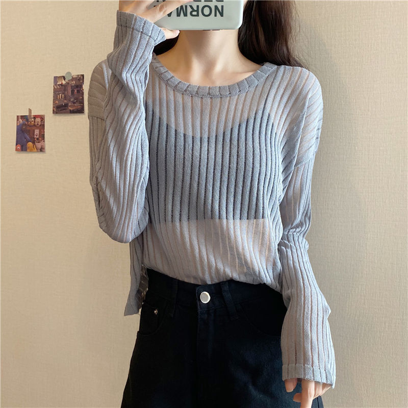 Title 13, Korean Style Loose Thin Long Sleeved Hollow Kni...