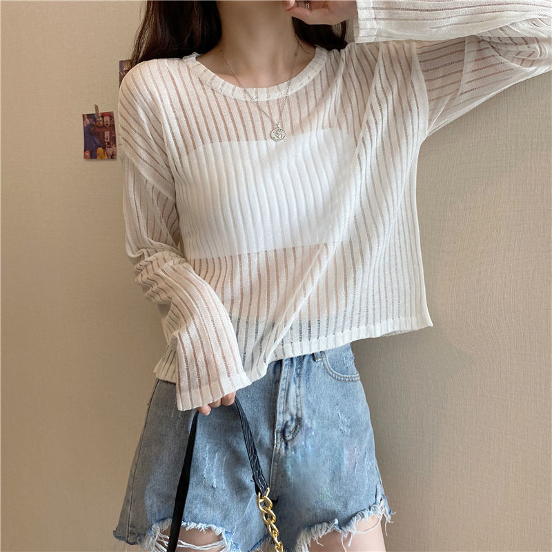 Title 15, Korean Style Loose Thin Long Sleeved Hollow Kni...