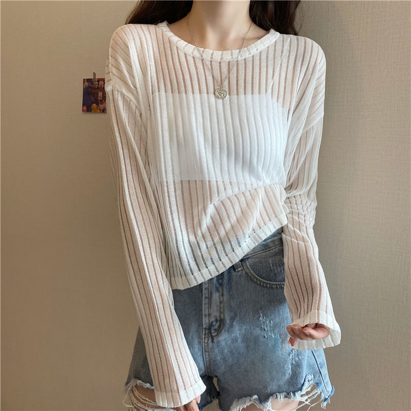 Title 16, Korean Style Loose Thin Long Sleeved Hollow Kni...