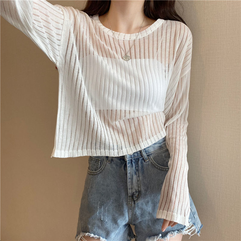 Title 18, Korean Style Loose Thin Long Sleeved Hollow Kni...