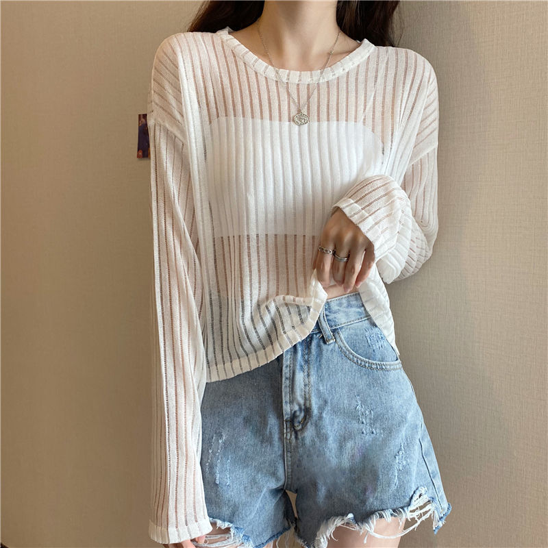 Title 19, Korean Style Loose Thin Long Sleeved Hollow Kni...