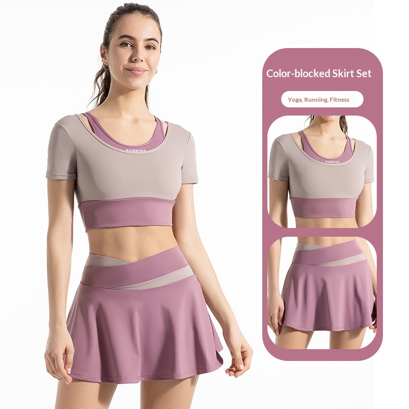 Color-matching Outer Wear High Elastic Band Chest Mat Yoga Suit Fake Two-piece Short-sleeved T-shirt Naked Sense Anti-running Light Sports Skirt Set