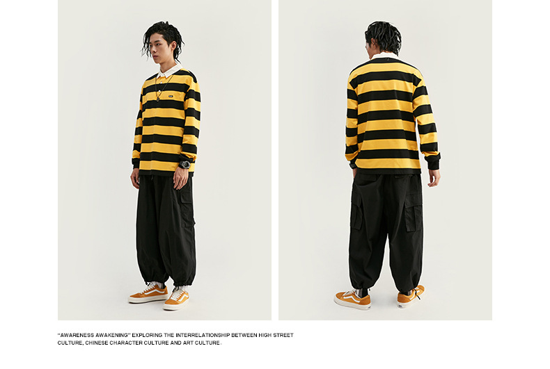 Title 5, Striped loose lapel long sleeve t-shirt