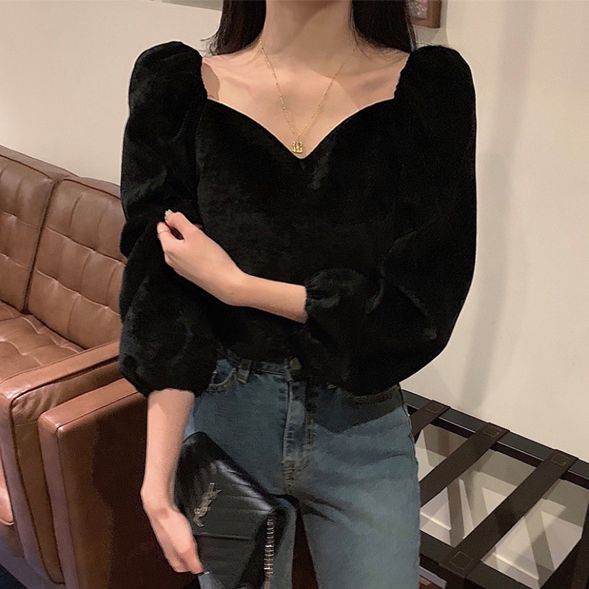 Title 11, Square Neck Puff Sleeve Velvet Shirt Ladies Lon...