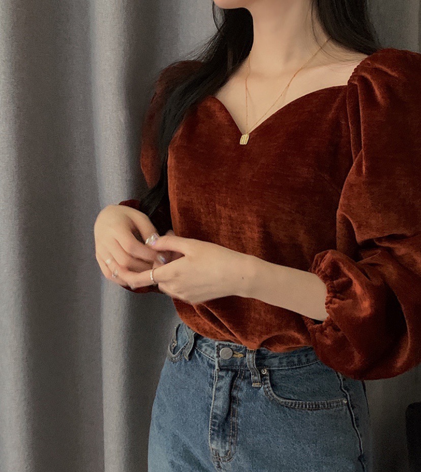 Title 22, Square Neck Puff Sleeve Velvet Shirt Ladies Lon...