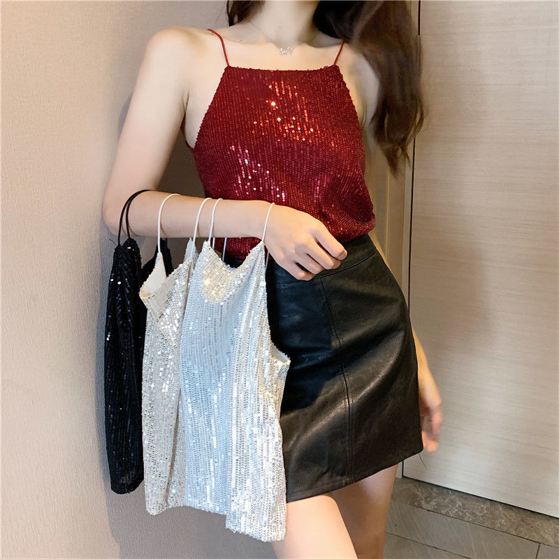 Title 5, Short Slim-fit Glittery Sequined Bottoming Top ...