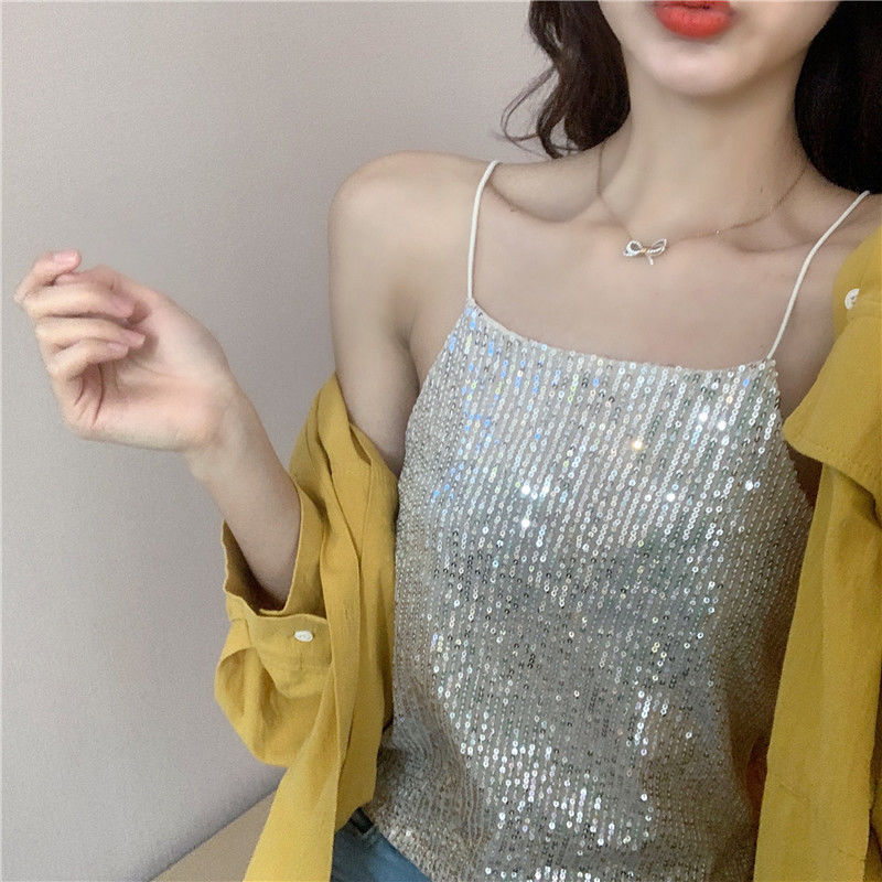 Title 12, Short Slim-fit Glittery Sequined Bottoming Top ...