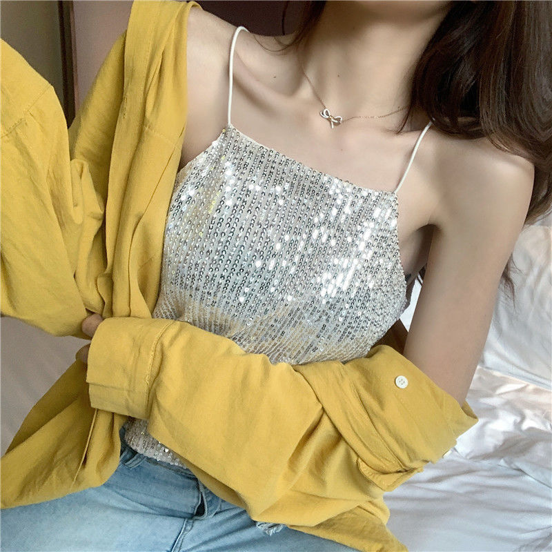 Title 13, Short Slim-fit Glittery Sequined Bottoming Top ...