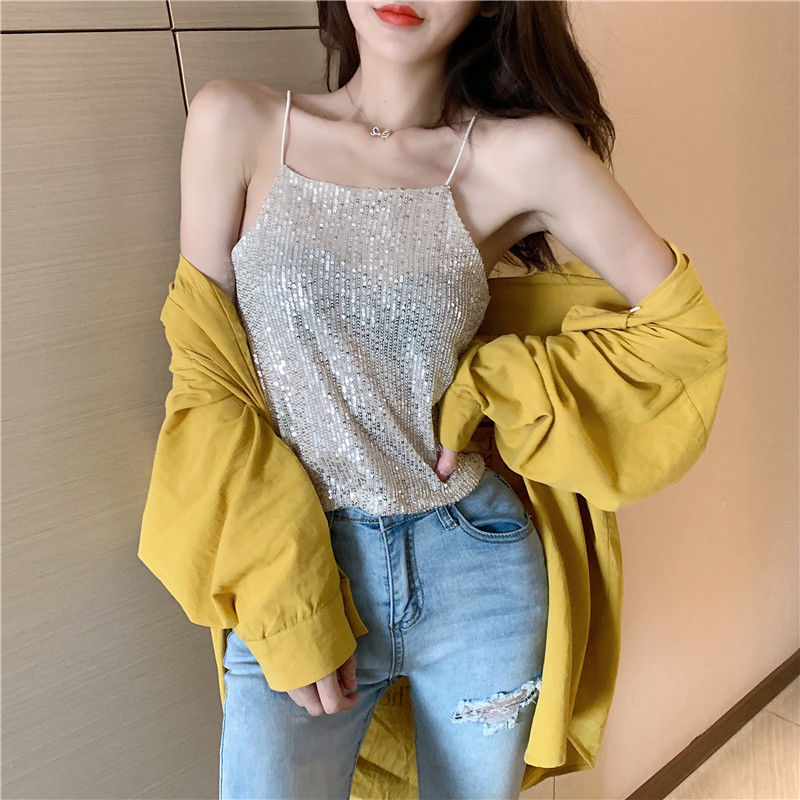 Title 14, Short Slim-fit Glittery Sequined Bottoming Top ...