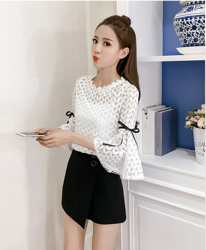 Temperament Three-quarter Sleeve Chiffon Shirt Hollow Lace Top