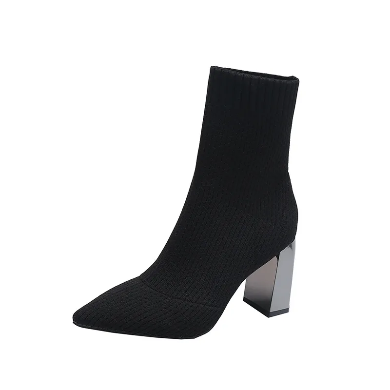 Women's Pointed Toe Chunky High Heels Socks Boots - Black