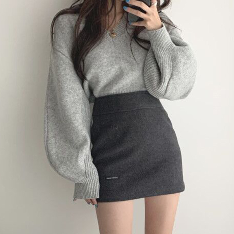 V-neck Back Lace Irregular Sleeve Lantern Sweater High Waist Casual Women's Skirt