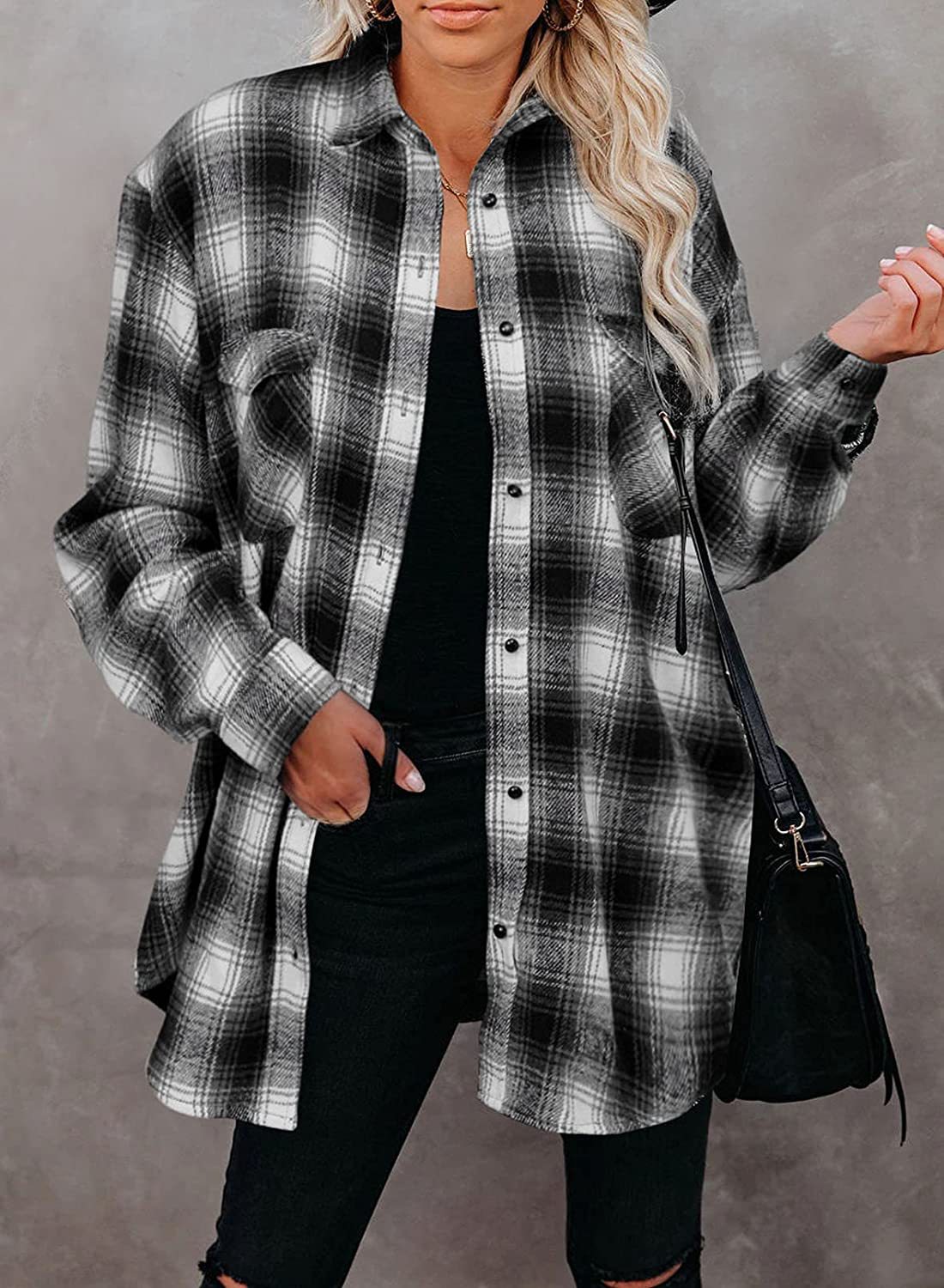 Title 5, Mid Length Loose Lapel Cardigan Plaid Shirt