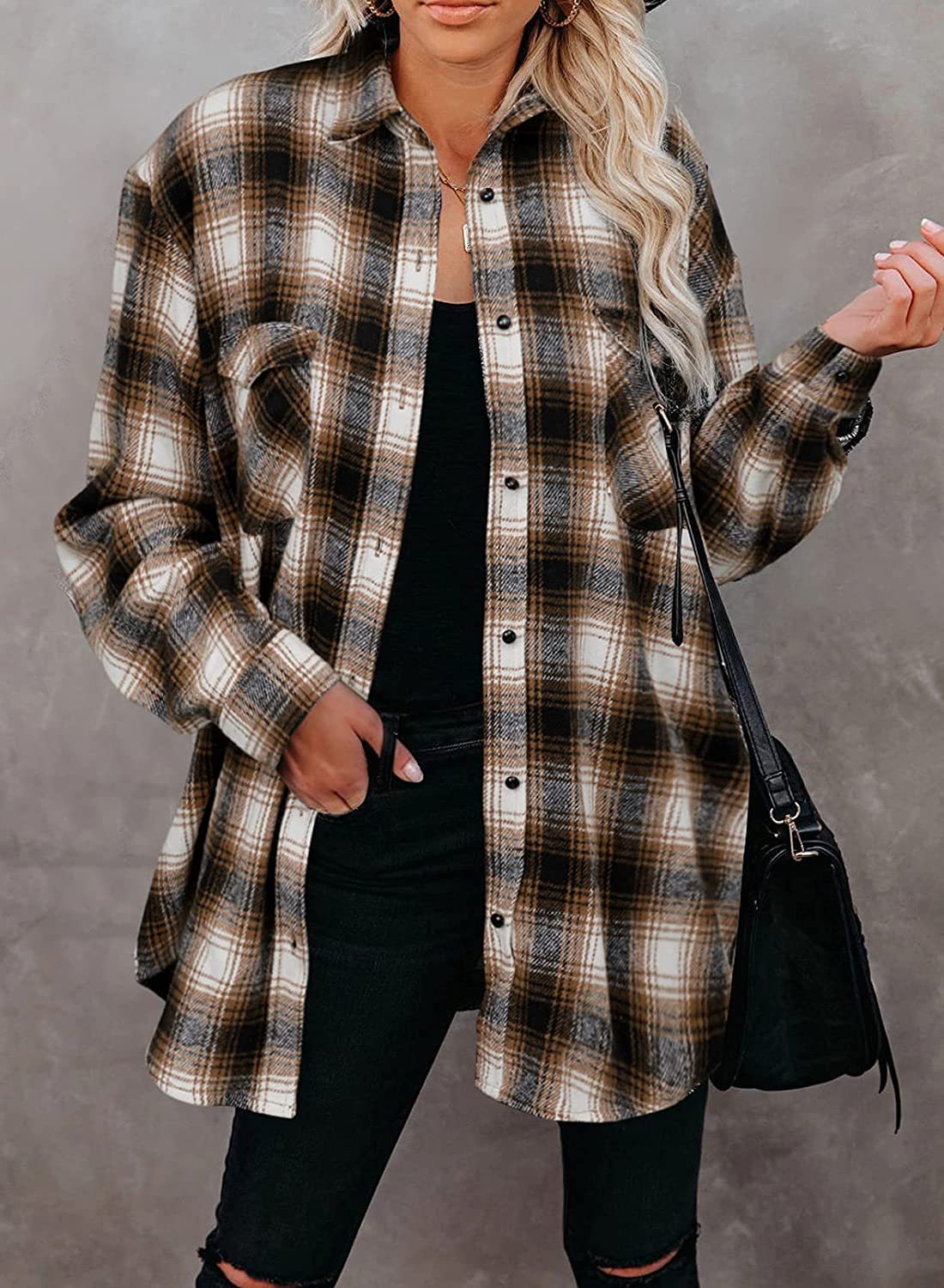 Title 13, Mid Length Loose Lapel Cardigan Plaid Shirt