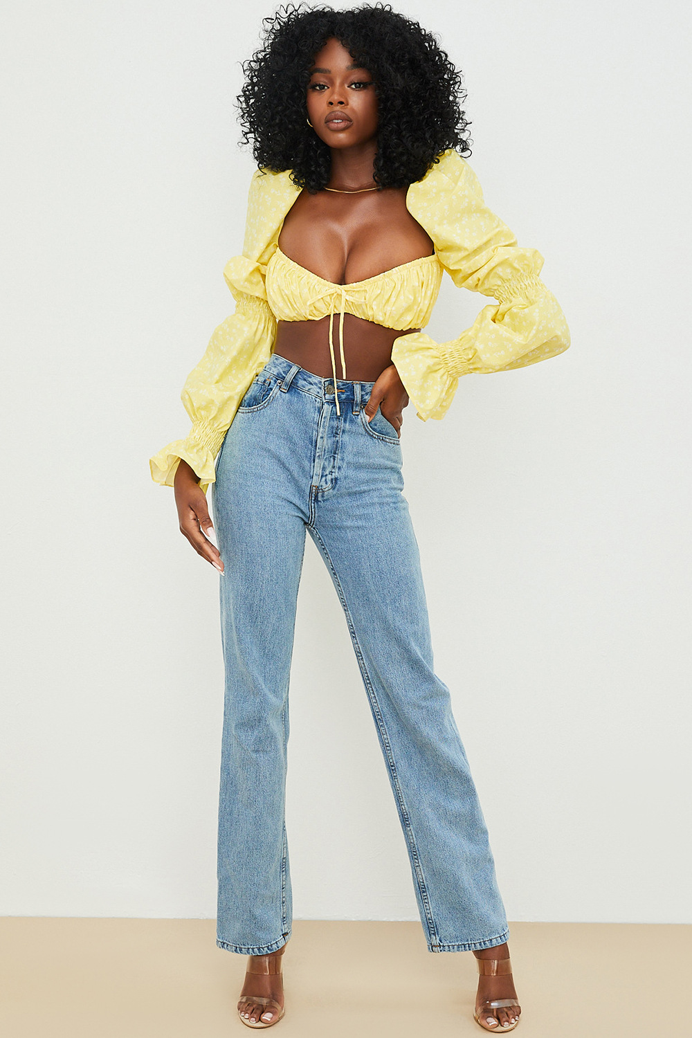 Title 8, Printed Flared Sleeve Tie Crinkled Crop Top