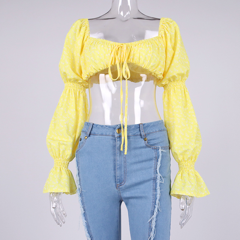 Title 10, Printed Flared Sleeve Tie Crinkled Crop Top