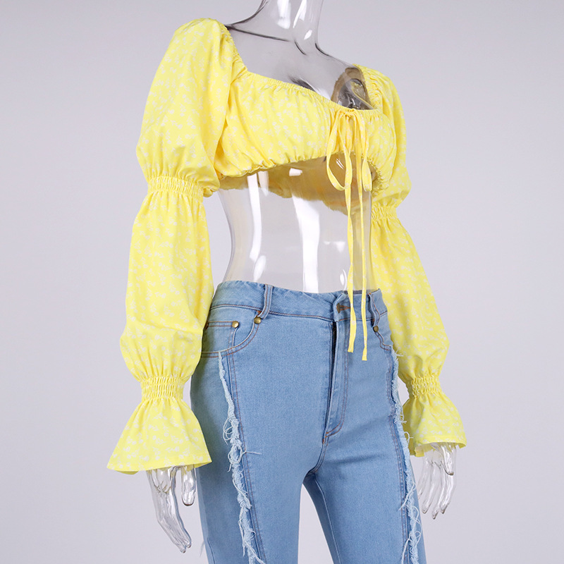 Title 11, Printed Flared Sleeve Tie Crinkled Crop Top