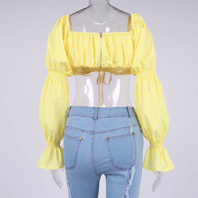 Title 13, Printed Flared Sleeve Tie Crinkled Crop Top