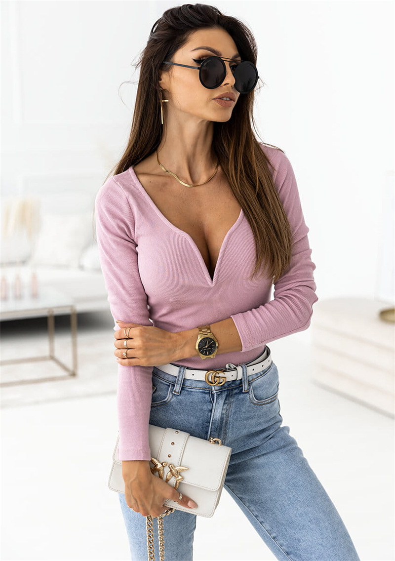 Title 16, Solid Color Long Sleeve V-Neck Pullover Slim Fi...