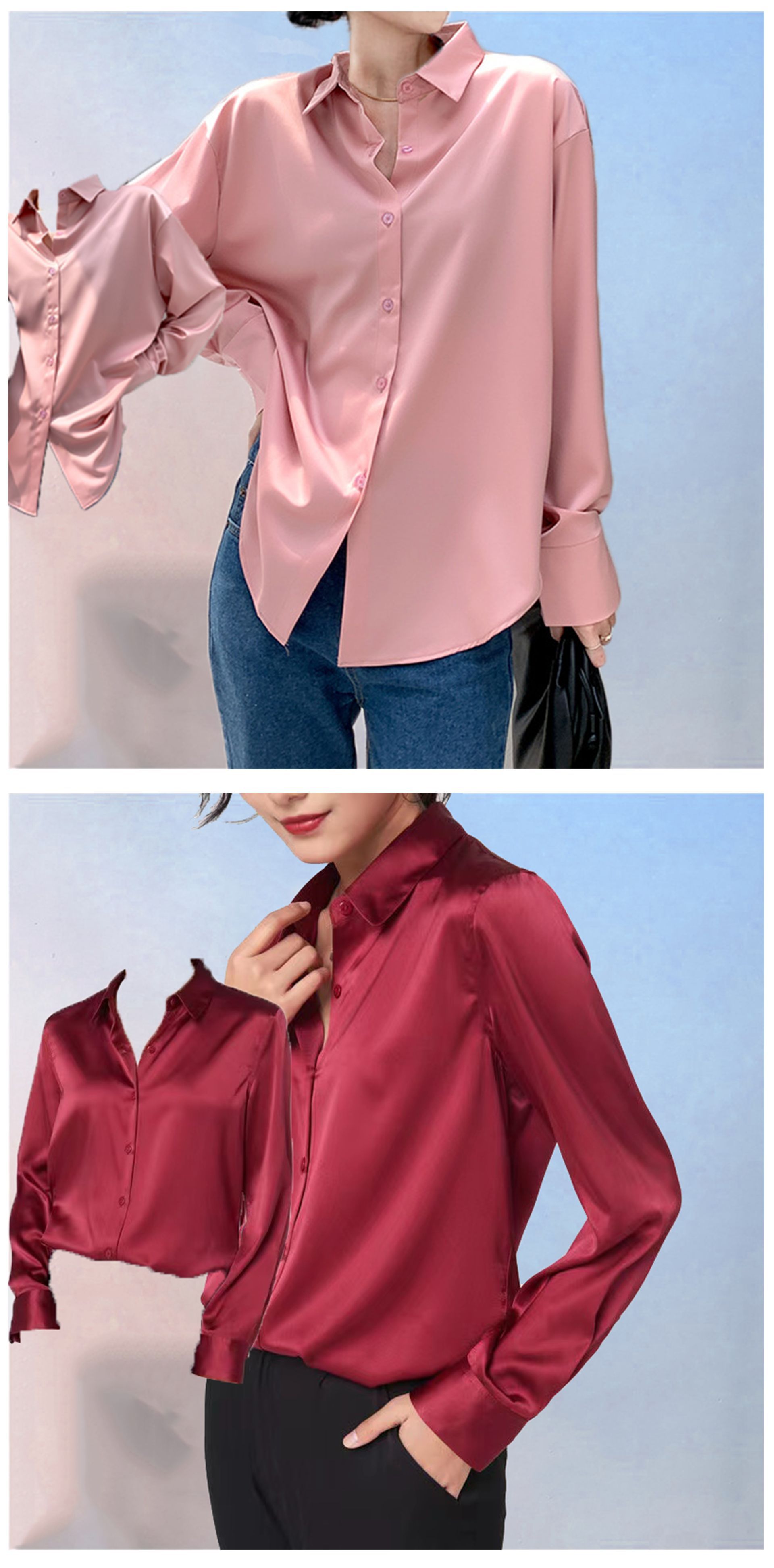 Title 6, Long Sleeve Satin Shirt Women Loose Drape Retro...