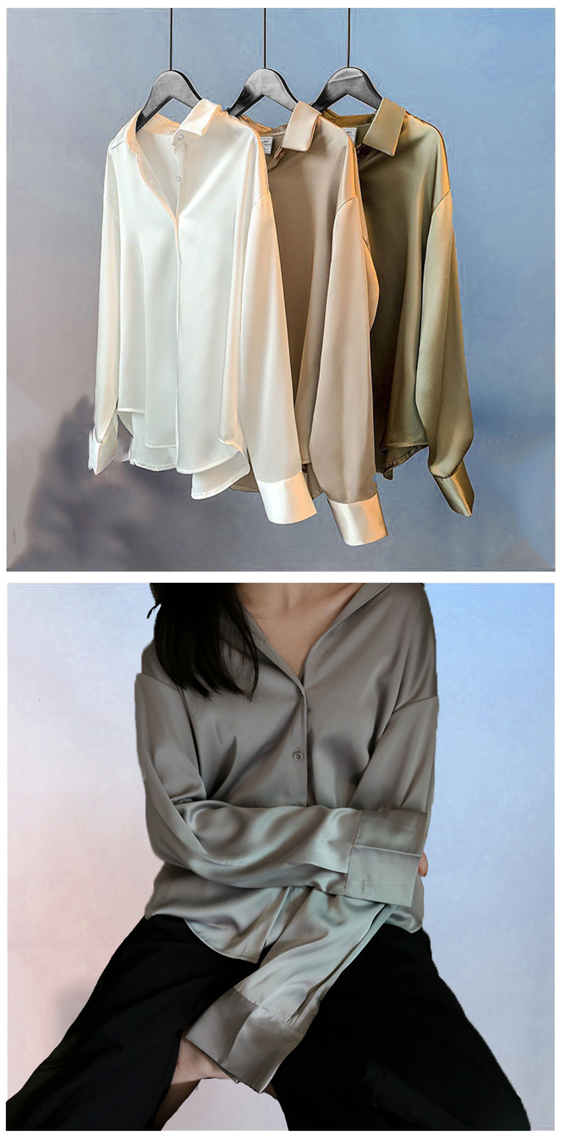 Title 7, Long Sleeve Satin Shirt Women Loose Drape Retro...