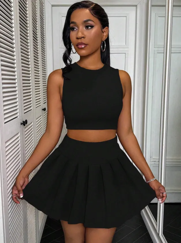 Casual Solid Color Round Neck Women's Vest Short Skirt Set Black - Shop at LoveMi