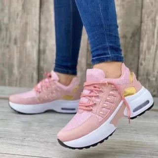Lace Up Sneakers Women Wedge Heel Running Sports Shoes - Pink