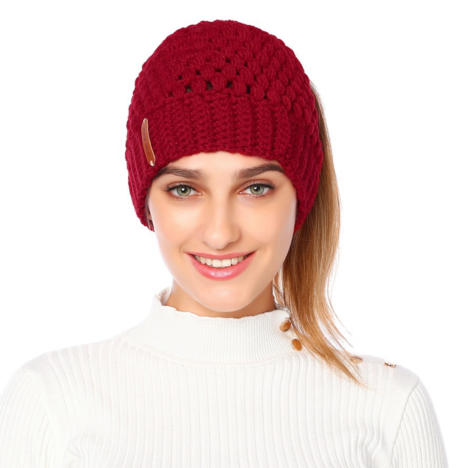 Women Messy High Bun Beanie Hat Winter Warm Pony Tail Knitted Outdoor Sport Cap