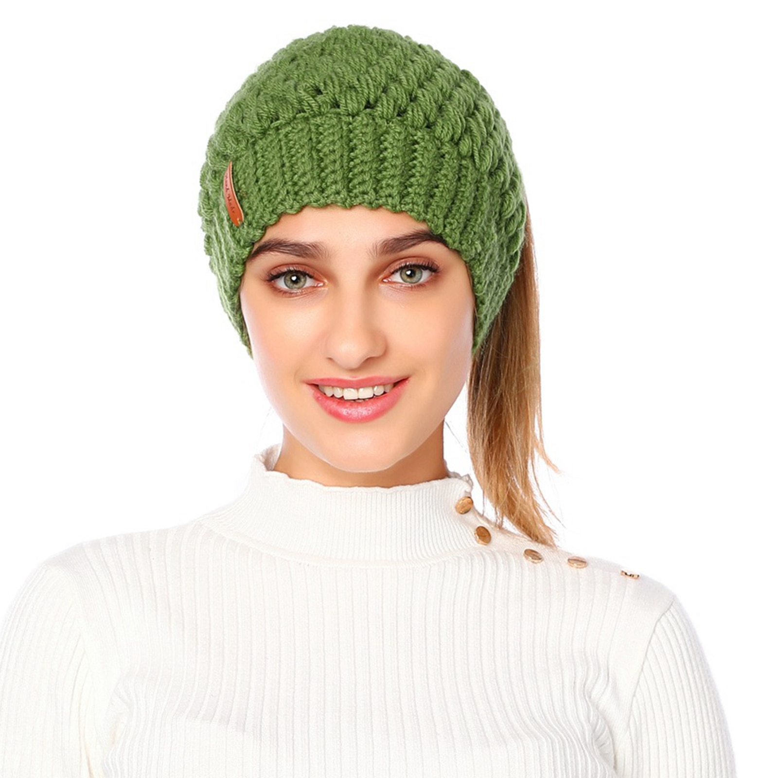 Women Messy High Bun Beanie Hat Winter Warm Pony Tail Knitted Outdoor Sport Cap