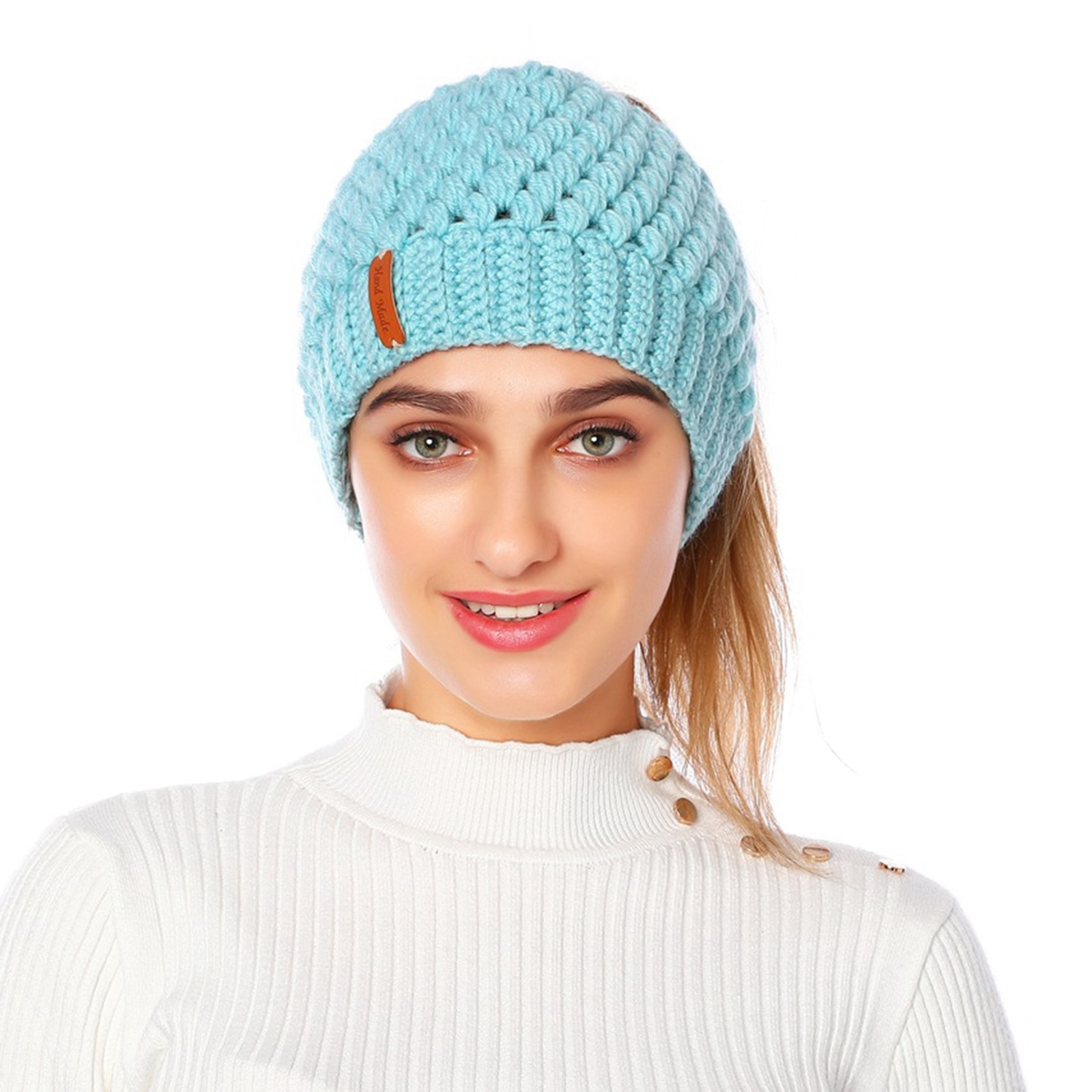 Women Messy High Bun Beanie Hat Winter Warm Pony Tail Knitted Outdoor Sport Cap