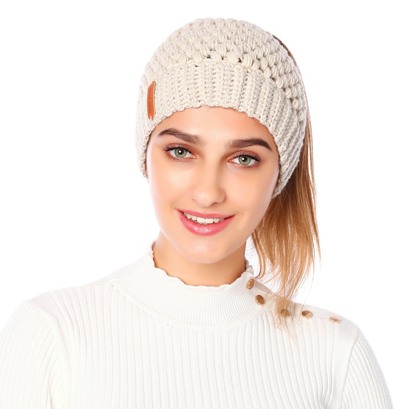 Women Messy High Bun Beanie Hat Winter Warm Pony Tail Knitted Outdoor Sport Cap