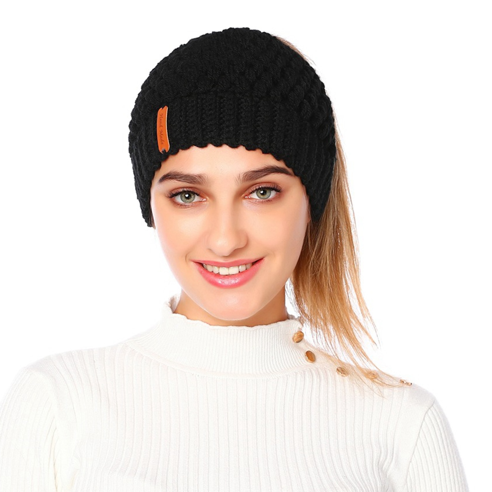 Women Messy High Bun Beanie Hat Winter Warm Pony Tail Knitted Outdoor Sport Cap