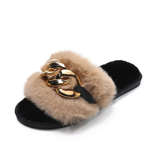 Women's Flat Bottom Home Casual Korean Style Plush Slippers Khaki - Shop at LoveMi