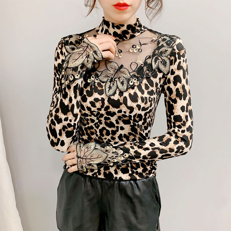 Title 4, Leopard Print Bottoming Shirt Western Style Lac...