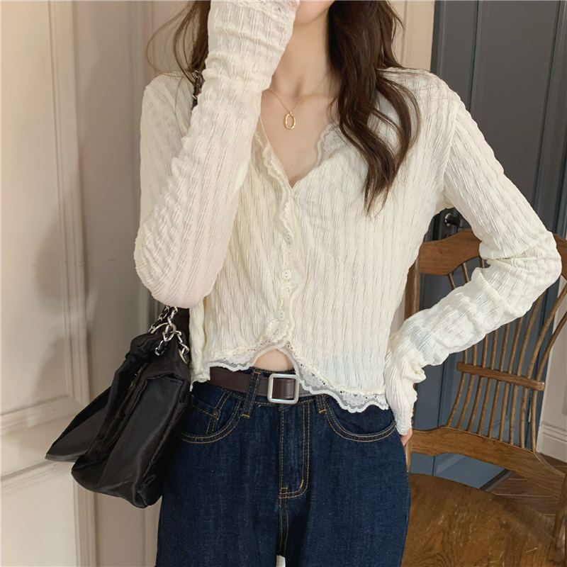 Title 7, V-neck Elegant Lace Trim Shirt Women