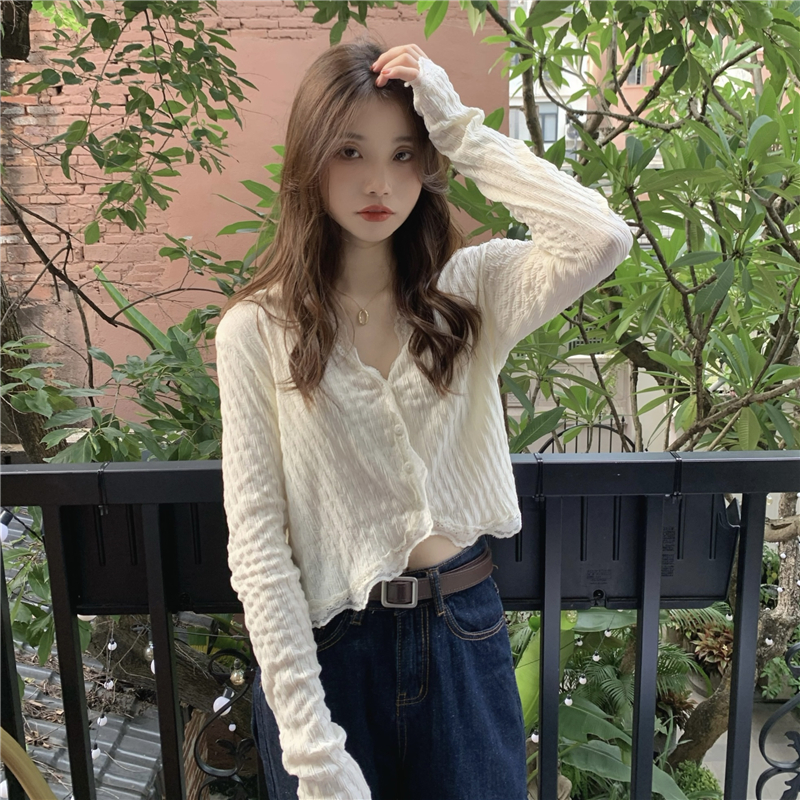 Title 13, V-neck Elegant Lace Trim Shirt Women