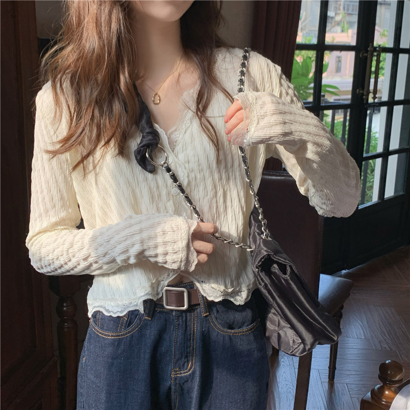 Title 16, V-neck Elegant Lace Trim Shirt Women