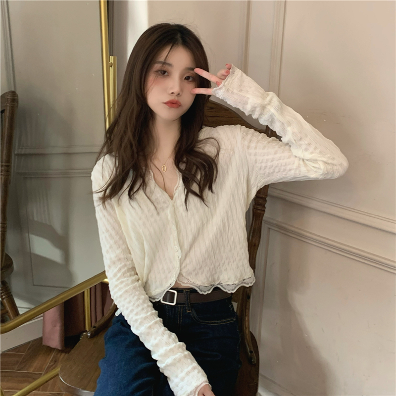 Title 17, V-neck Elegant Lace Trim Shirt Women