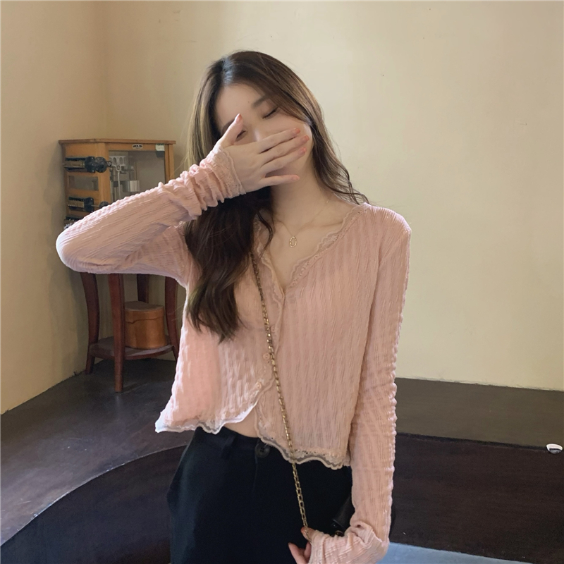 Title 19, V-neck Elegant Lace Trim Shirt Women