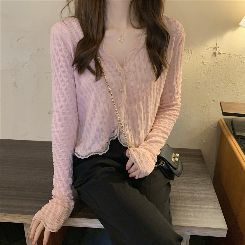 Title 22, V-neck Elegant Lace Trim Shirt Women